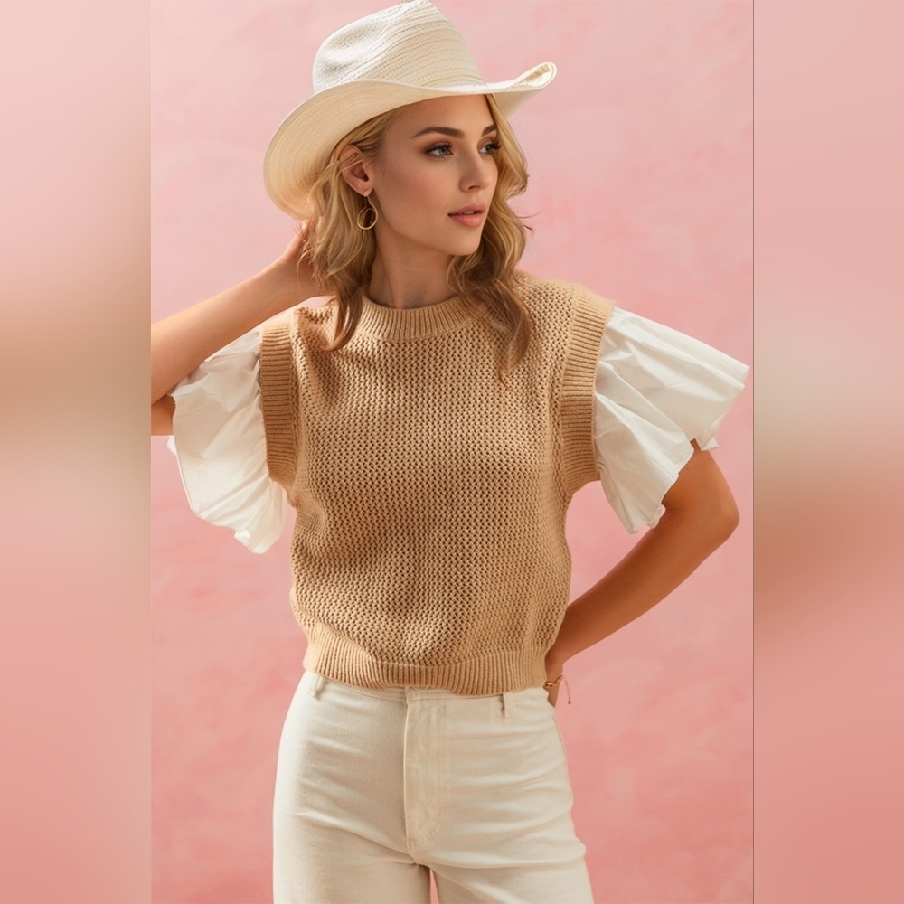 Oh Full Size Ruffled Round Neck Short Sleeve Sweater